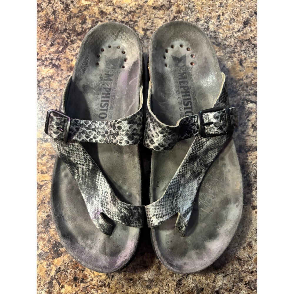 Mephisto Helen Grey Snakeskin Leather Cork Footbed Sandals Womens 36‎ US 6
